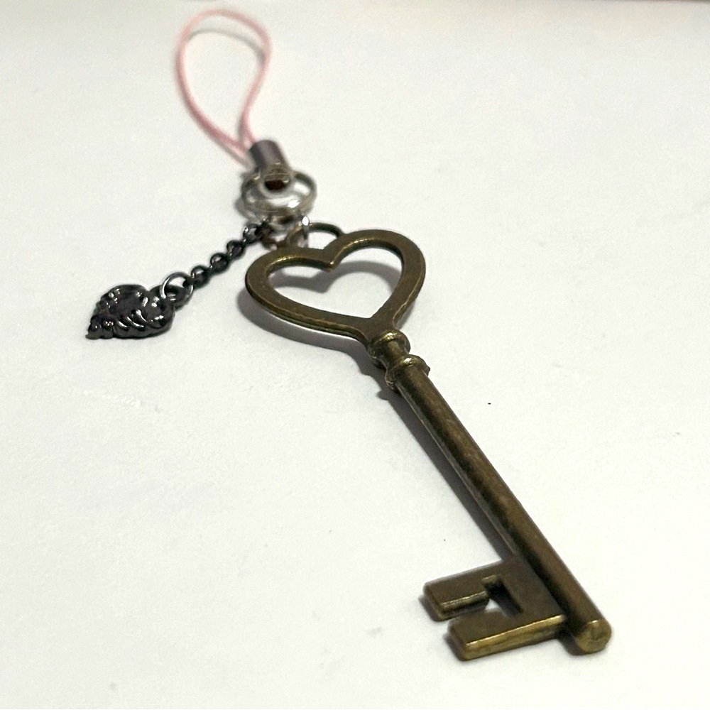 Heart Shaped Key, Bag Charm, Cellphone Charm, or Keychain Pink and Bronze